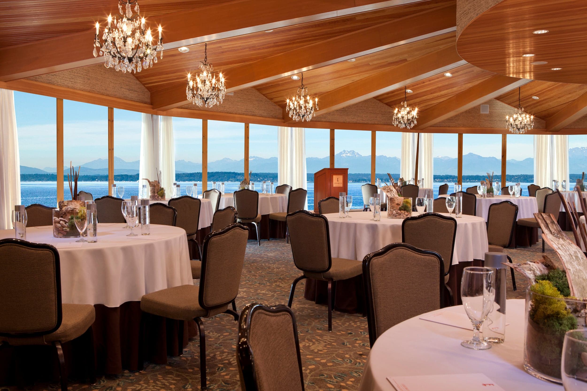 The Olympic Room at sunset setup for a function at Edgewater