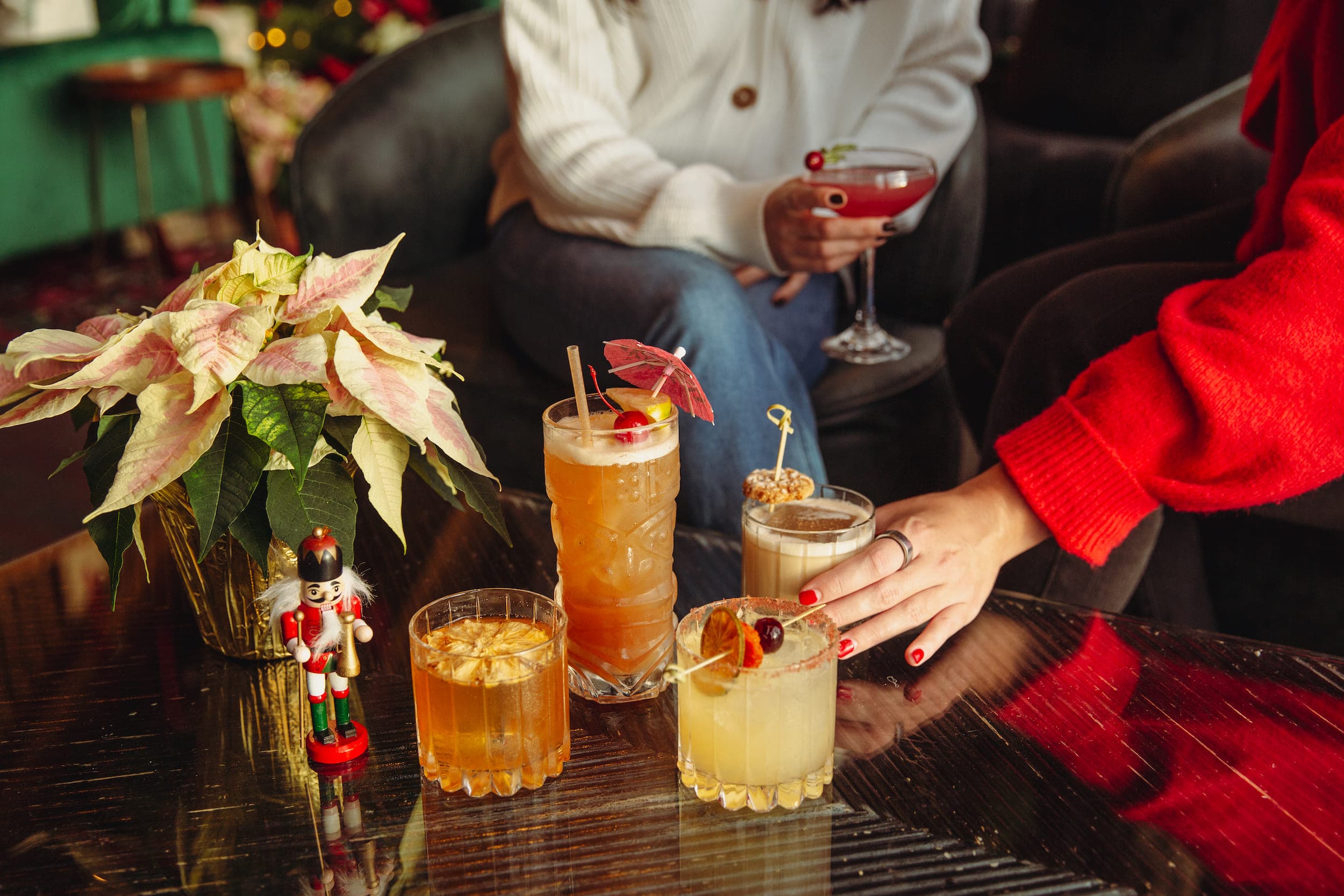 5 different Christmas cocktails at the Lobby Bar