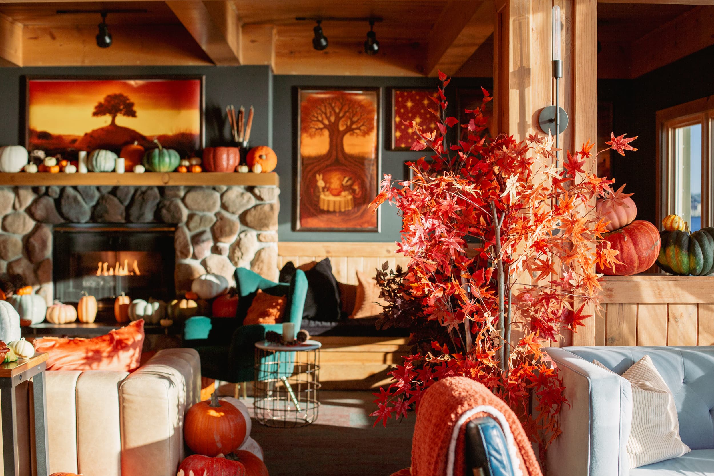 The Edgewater lobby decorated in an autumn theme
