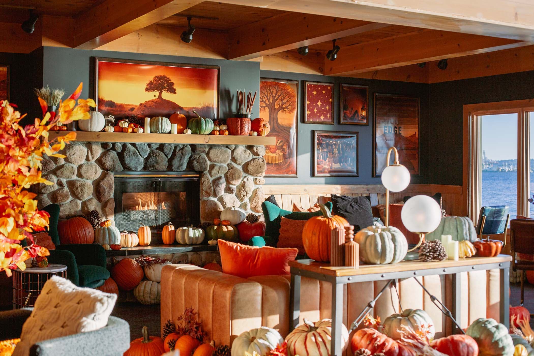 Little autumn bar decorated from floor to ceiling at Edgewater with pumpkins, other root vegetable and autumn decor