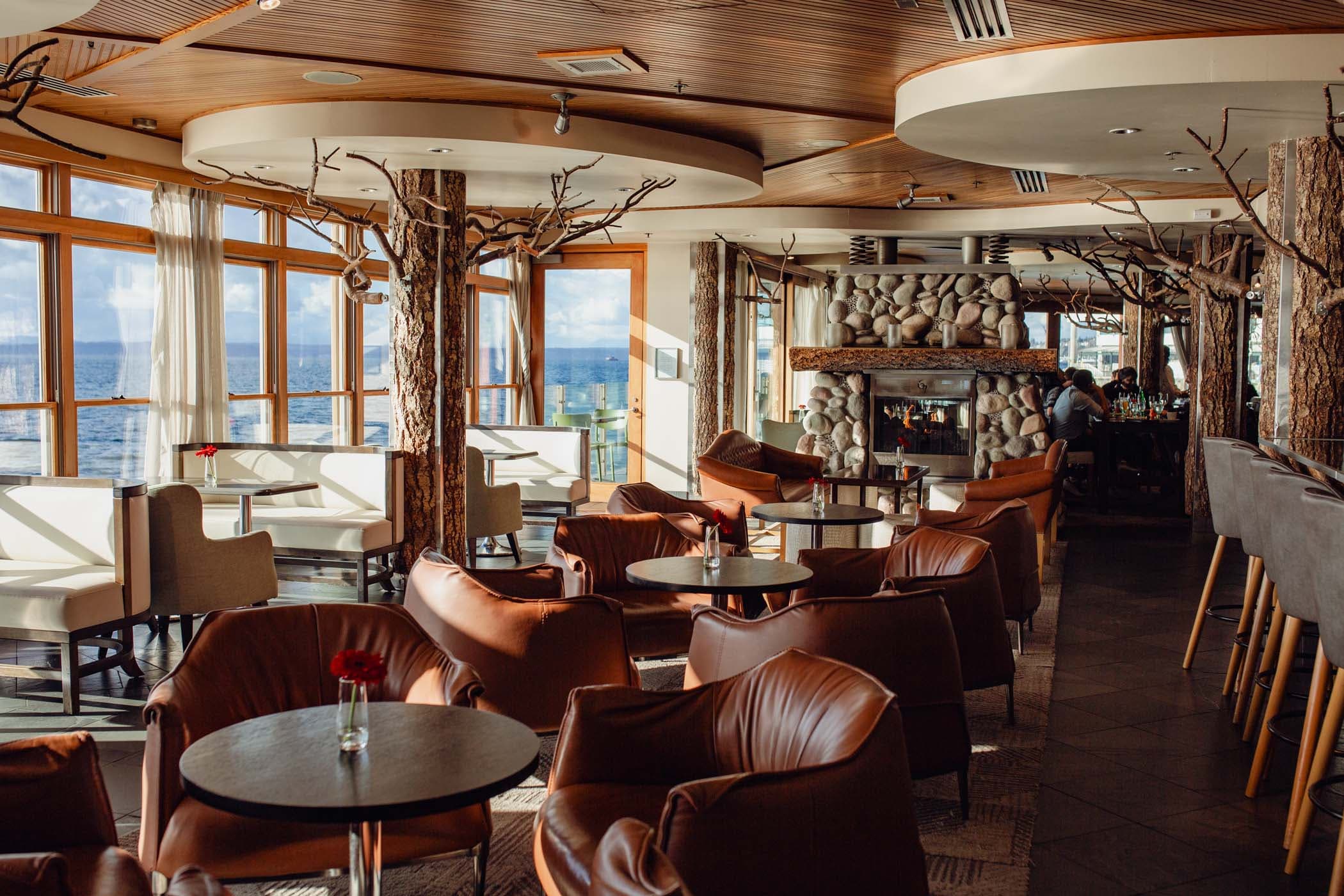 An empty dining area at the Edgewater bar before service