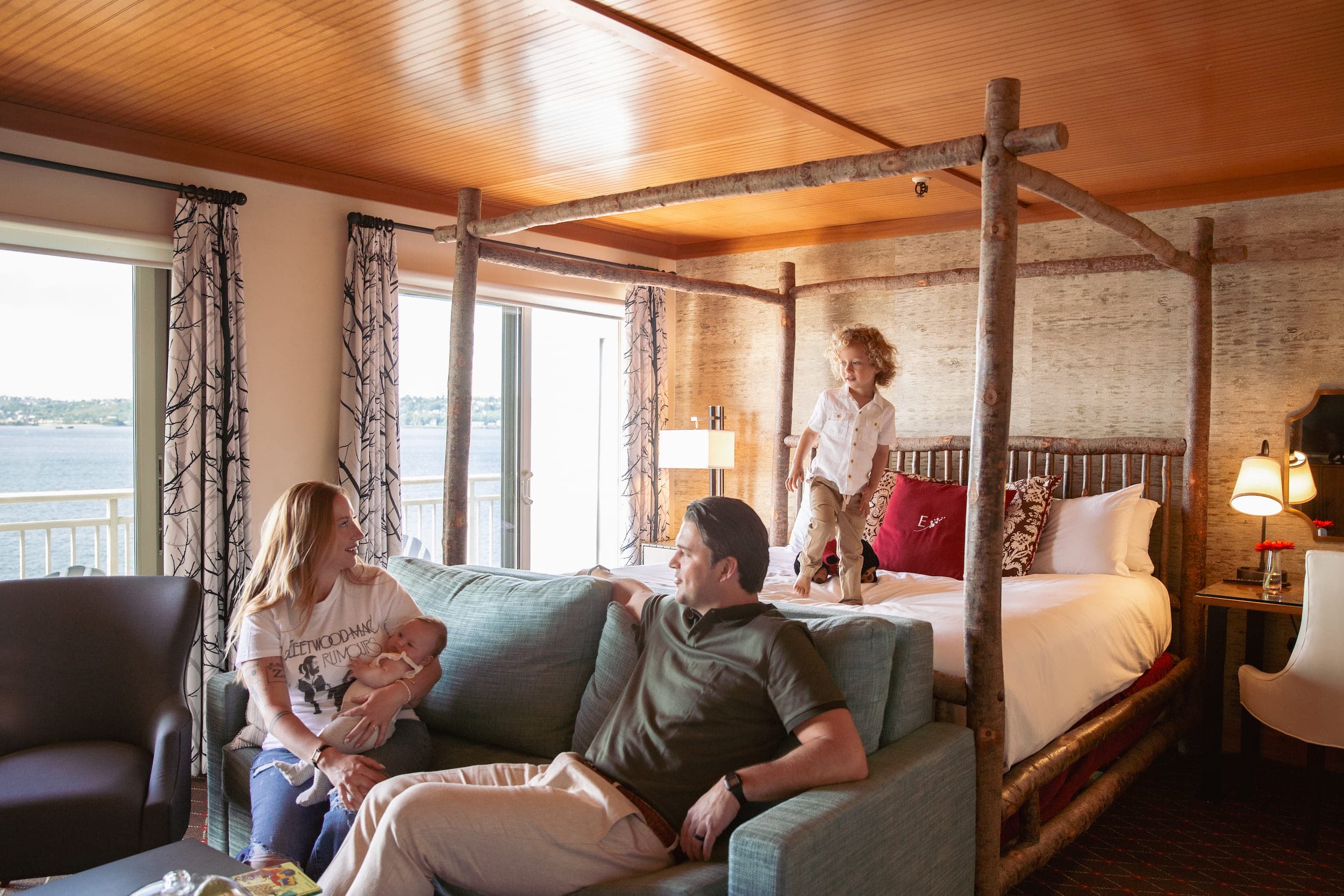 A family enjoying their suite at Edgewater