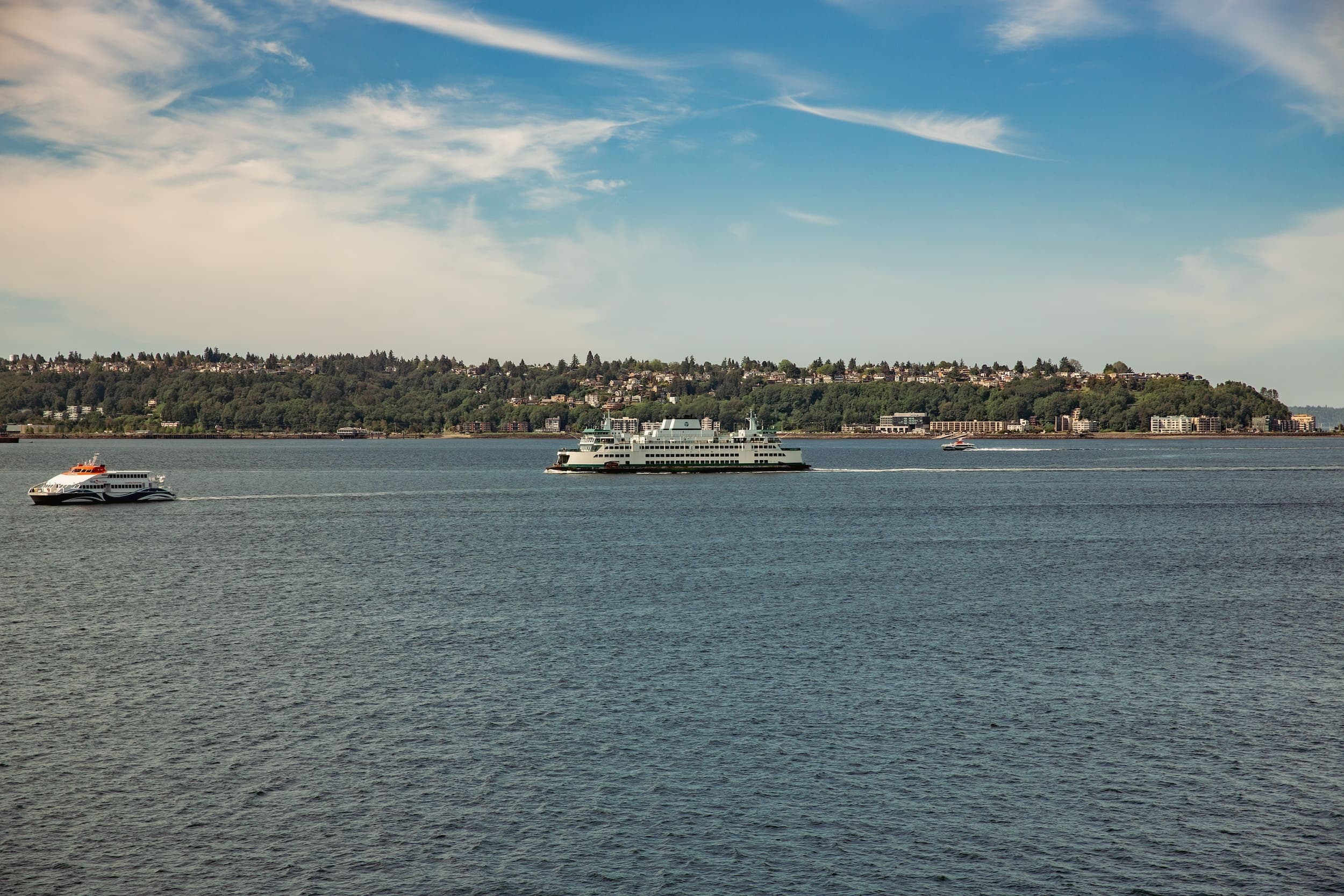 Ferry on the water outside of the Edgewater Hotel