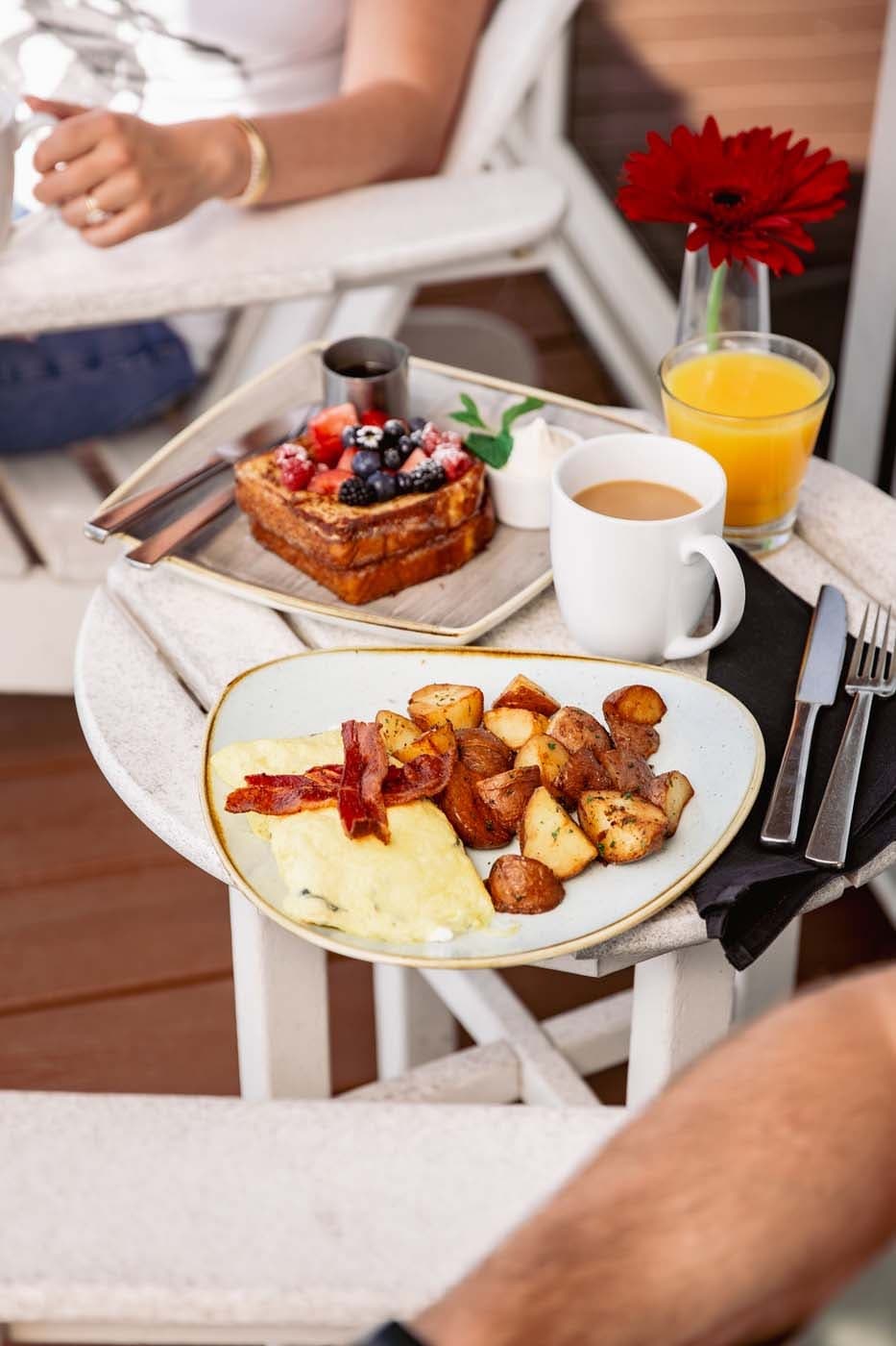 A close up of in-room breakfast food at Edgewater