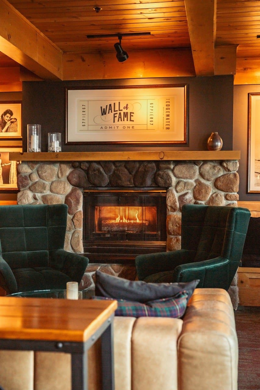 The lobby fireplace and wall of fame at Edgewater