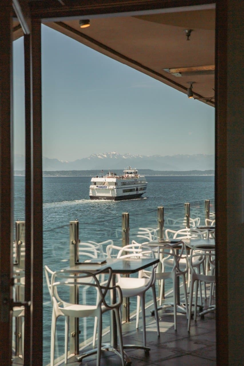 A ferry on the water visible from The Edgewater hotel