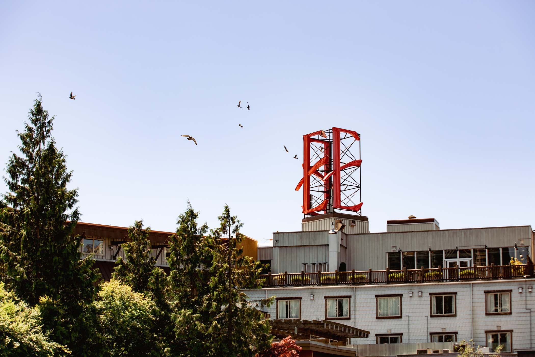 The rooftop of Edgewater showcasing the logo in its sign