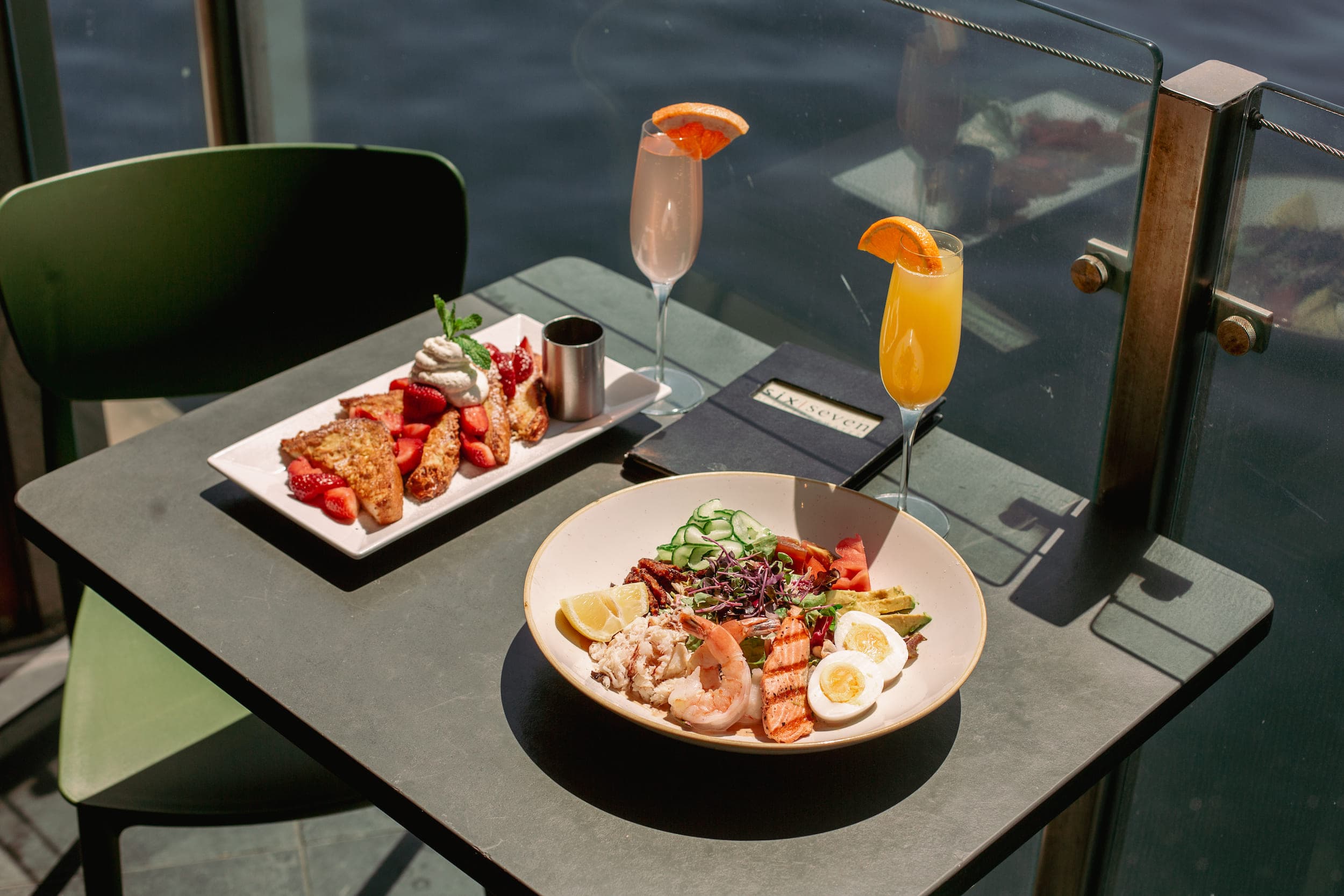 A seafood salad and french toast with 2 cocktails at Edgewater