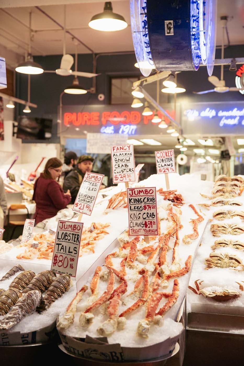 A fish stand with different varieties in the Pike Place Market