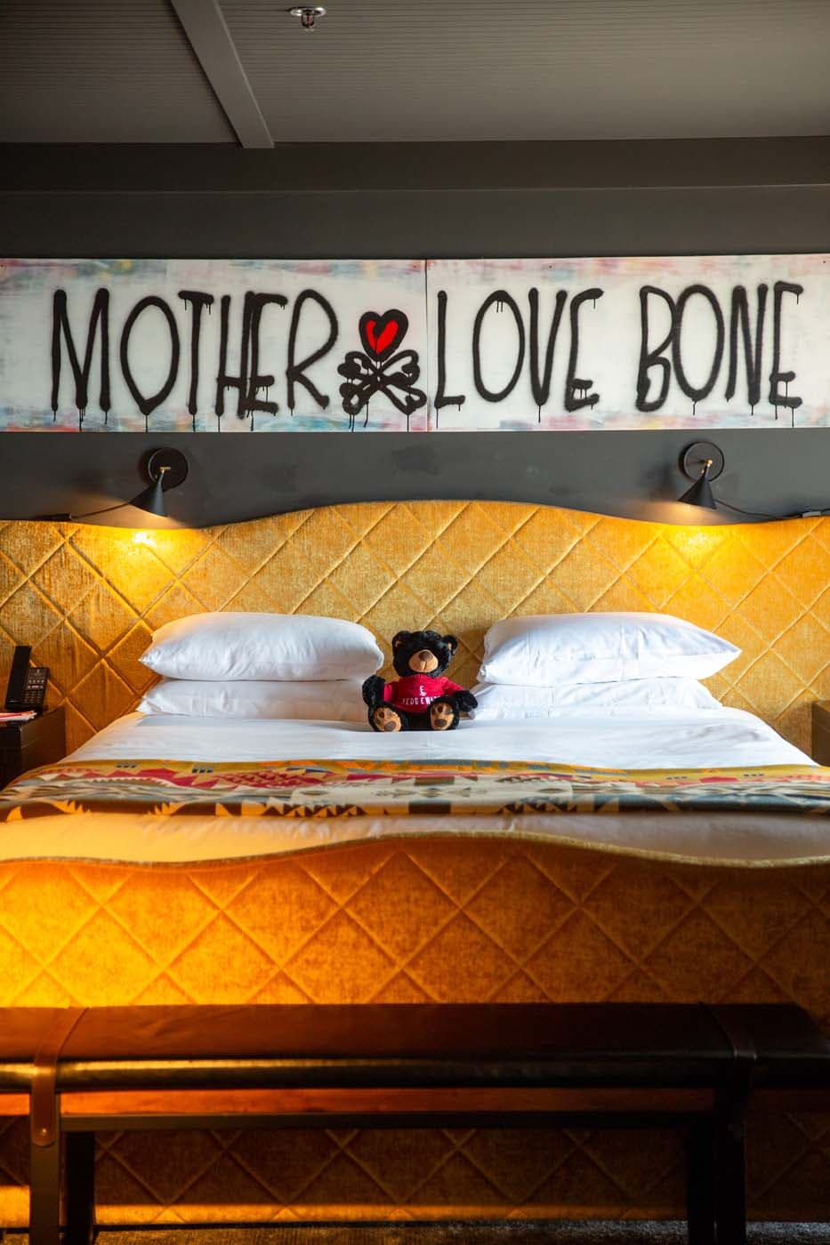 The bedroom in the Pearl Jam suite at Edgewater