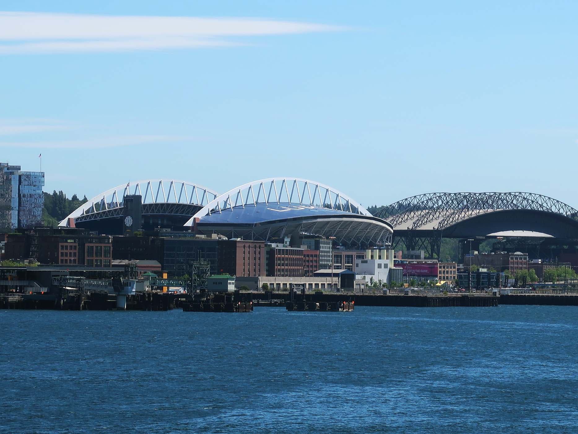The view of Lumen field from the water in Seattle