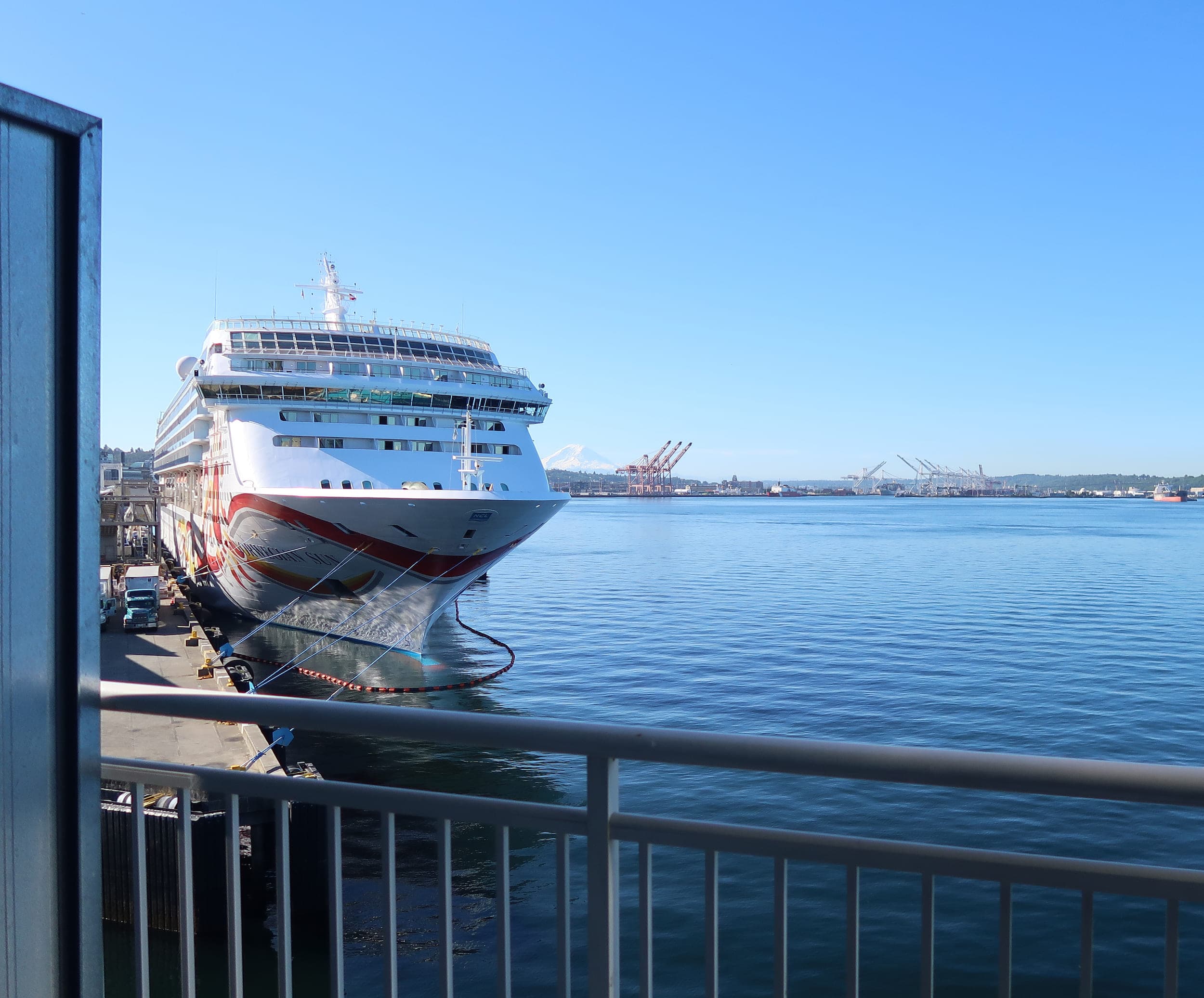 A large cruise ship in the water at Pier 66