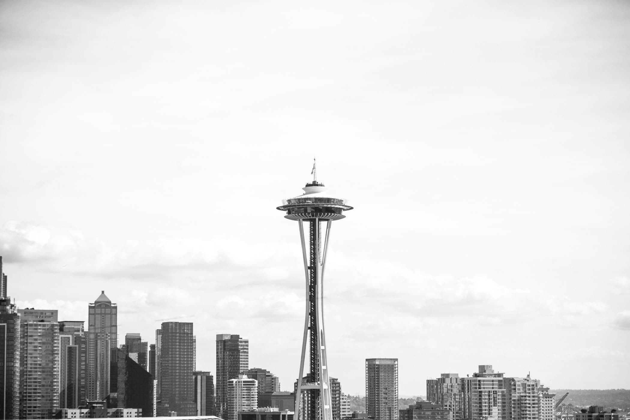 A black and white photo of the Space Needle in Seattle