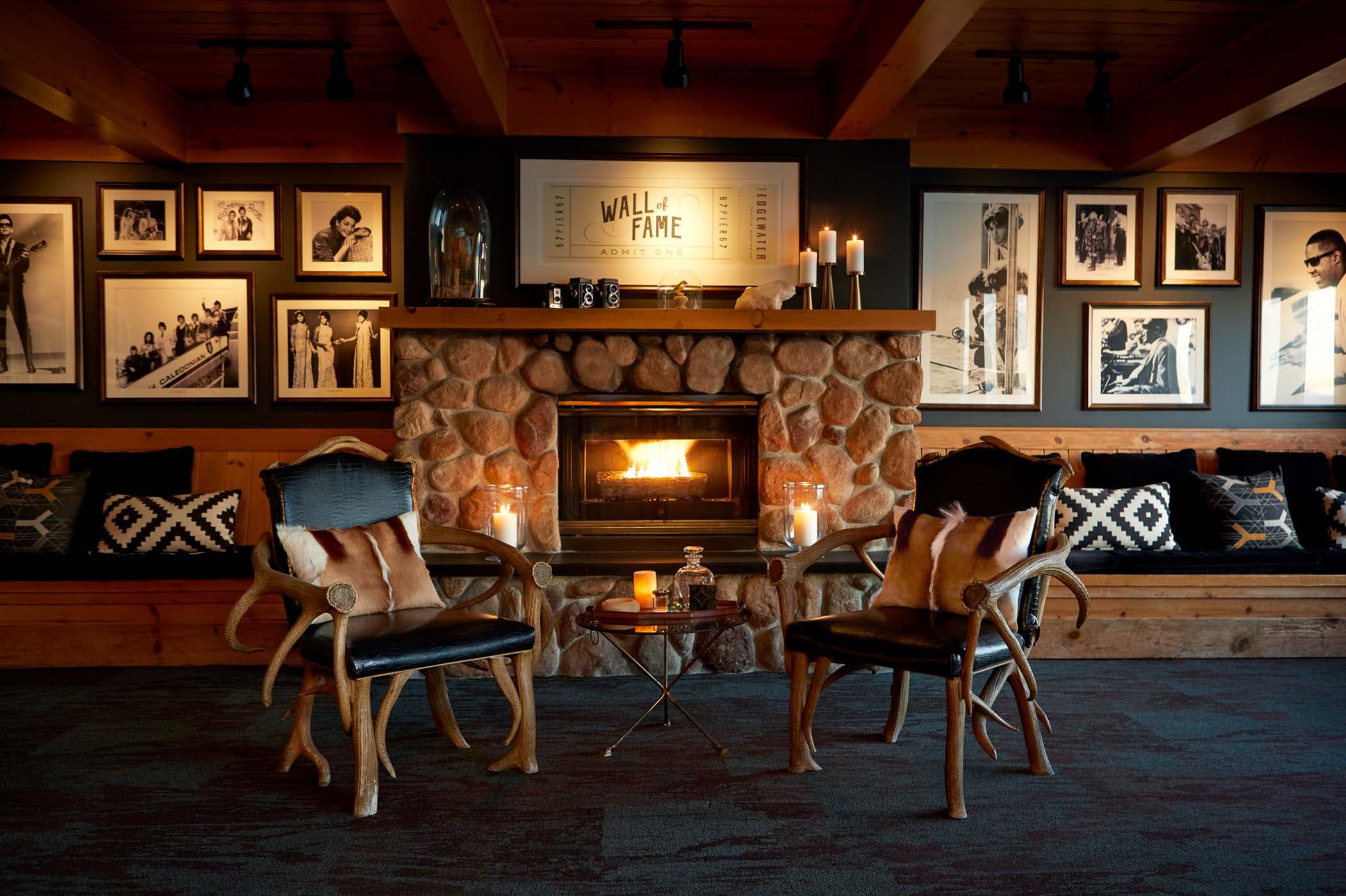 The lobby fireplace and wall of fame at Edgewater