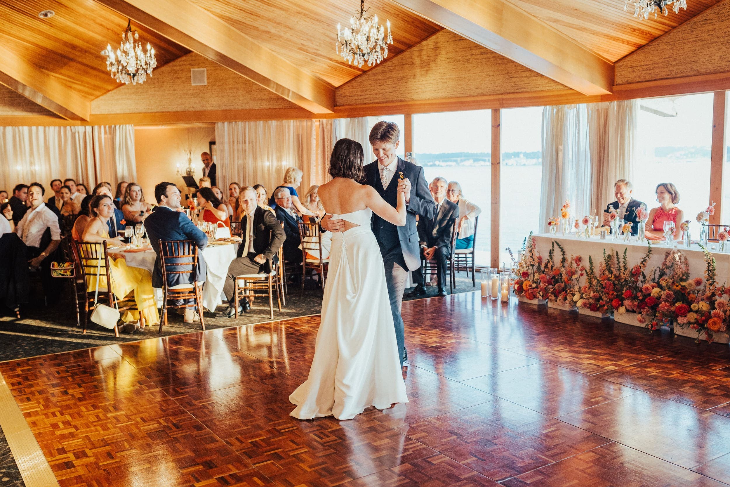 A just married couple having their first dance at Edgewater