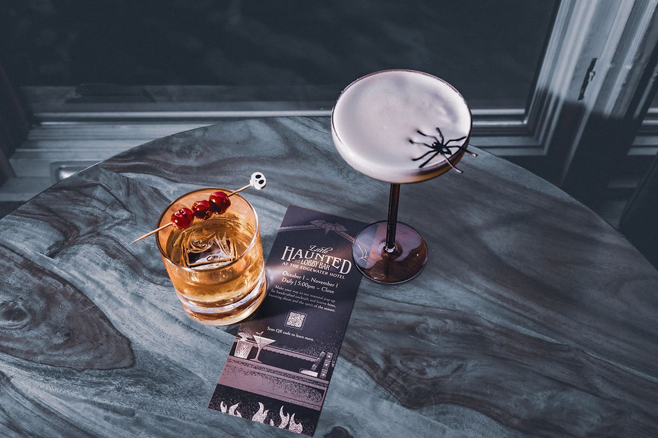 Seasonal Halloween cocktails at the Haunted Lobby Bar at The Edgewater Hotel Seattle, open October 1 to November 1