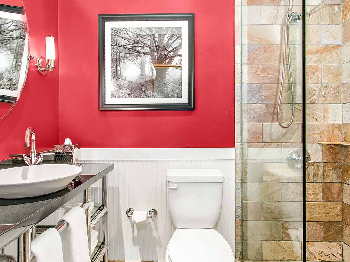Bathroom with toilet, sink and shower.