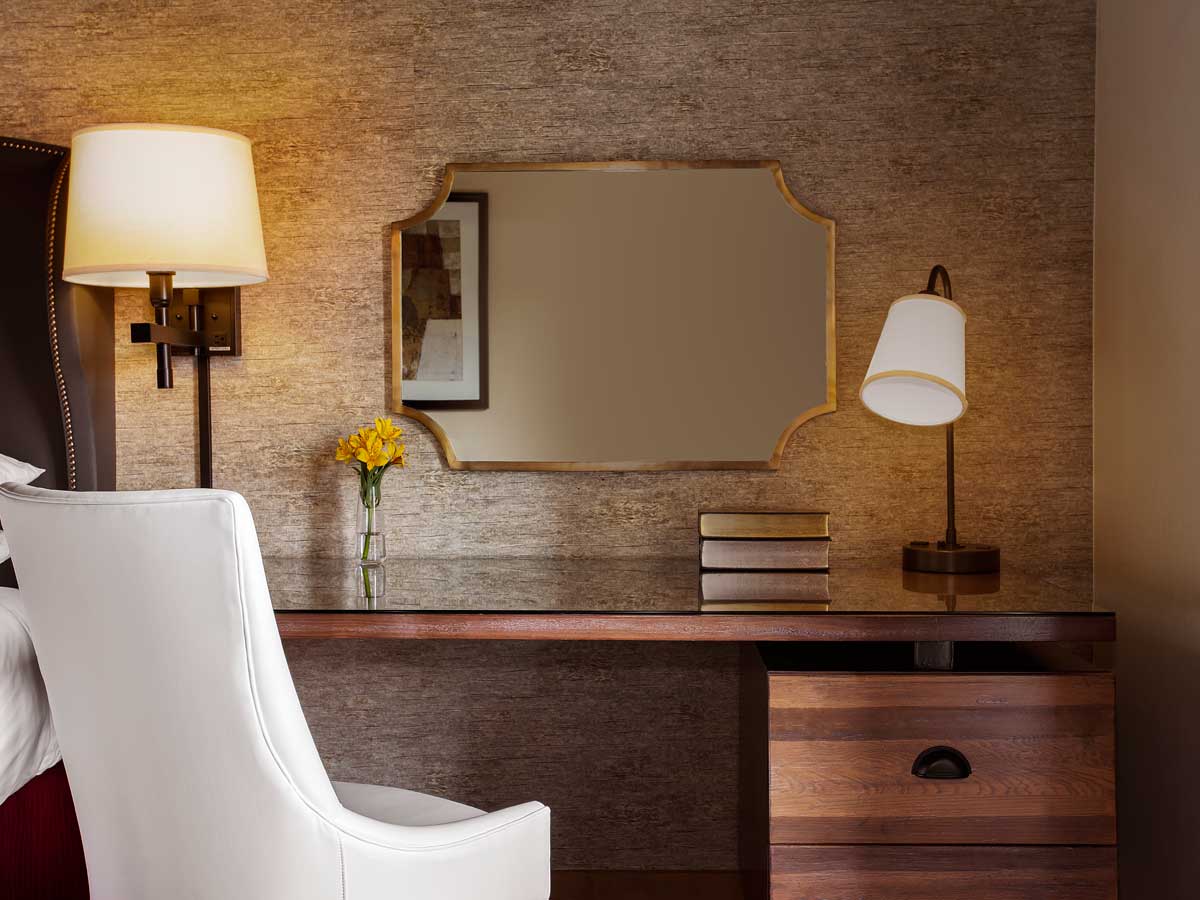 Guest room bed and desk.