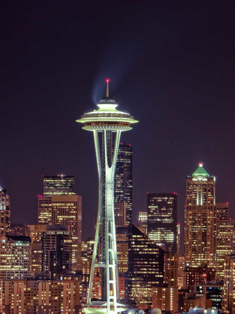 Space Needle at night in Seattle